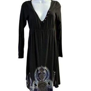 TREASURE ROCK Black Low V Neck Dress Paisley Design on Skirt Bottom Women’s SZ S